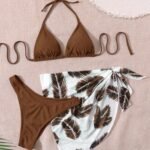 conjunto de bikini de 3 piezas para playa de verano con sujetador de halter de unicolor, bottom de bikini y falda de cubridor de baño